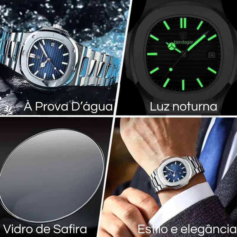 Relógio De Luxo Masculino Aço Inoxidável E Quartzo - À Prova D'água