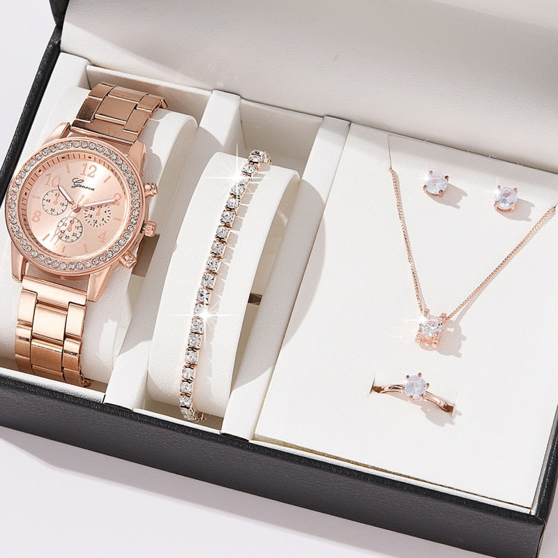 Relógio Feminino de Luxo com 6 peças - Relógio + 5 Acessórios